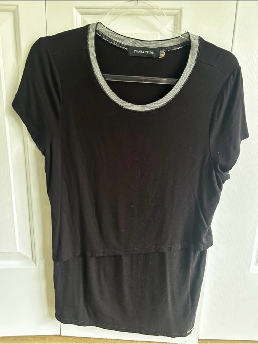 Ivanka Trump Black Short Sleeve Layered Top with Silver Neckline